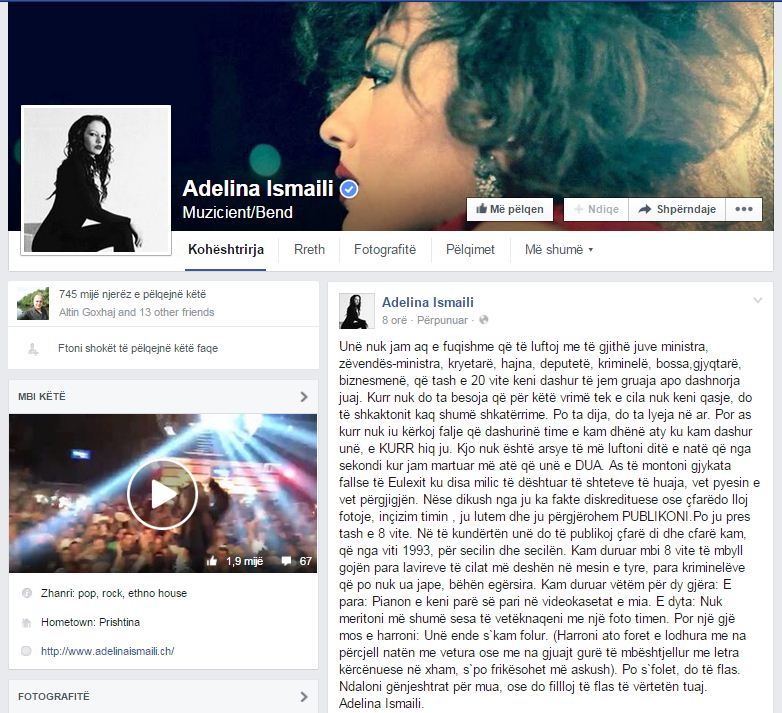 Shpërthen Adelina Ismaili kundër politikanëve biznesmenëve gjyqtarëve… etj: Më donit dashnore, por nuk mundët, do të filloj të tregoj të vërtetën tuaj