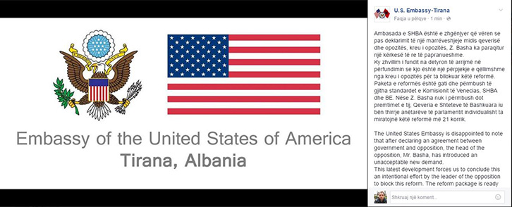 Ambasada e SHBA: Reforma në drejtësi është bllokuar përsëri