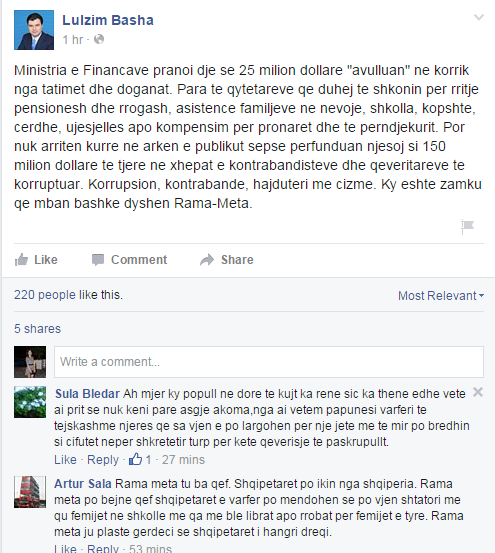 Basha në FB: 25 milionë dollarë avulluan në korrik nga tatimet dhe doganat
