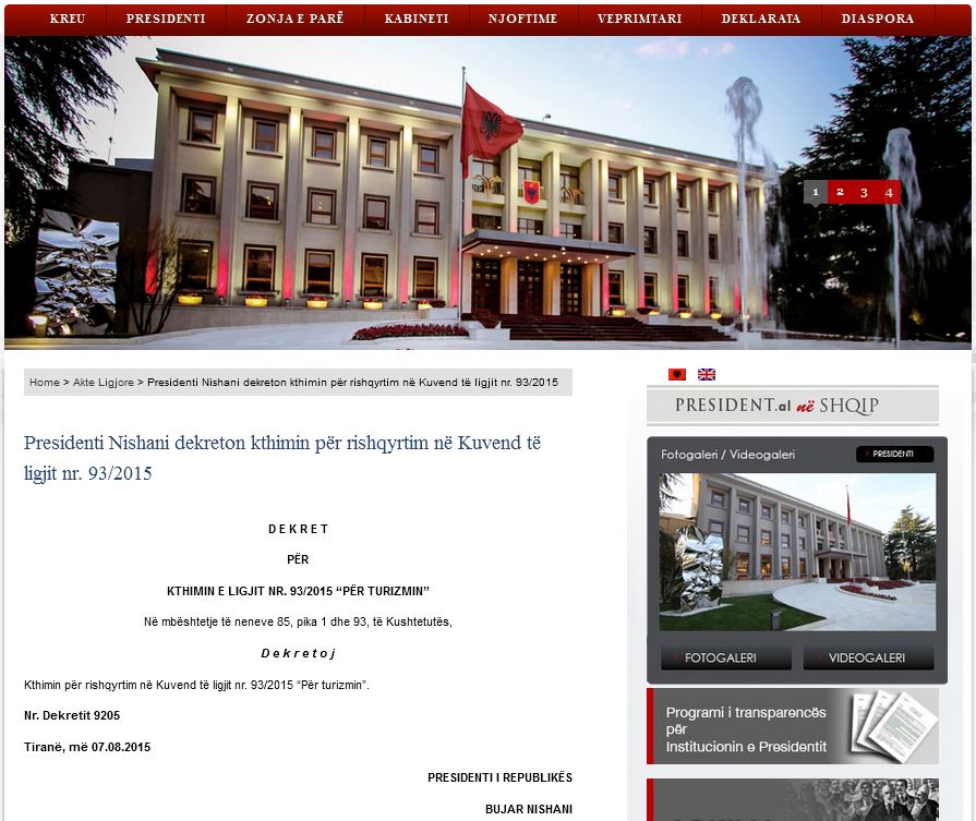 Presidenti Bujar Nishani kthen për rishqyrtim në Kuvend ligjin “Për turizmin”