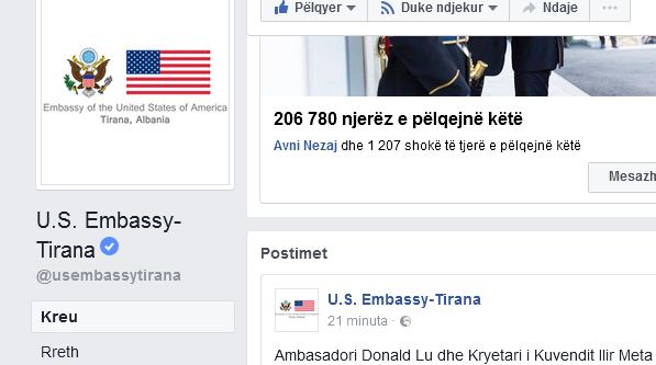 Flet Ambasada Amerikane pas takimit të Donald Lu me Metën