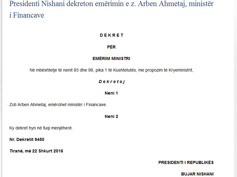 Presidenti Bujar Nishani dekreton emërimin e ministrave Arben Ahmetaj dhe Milva Ekonomi