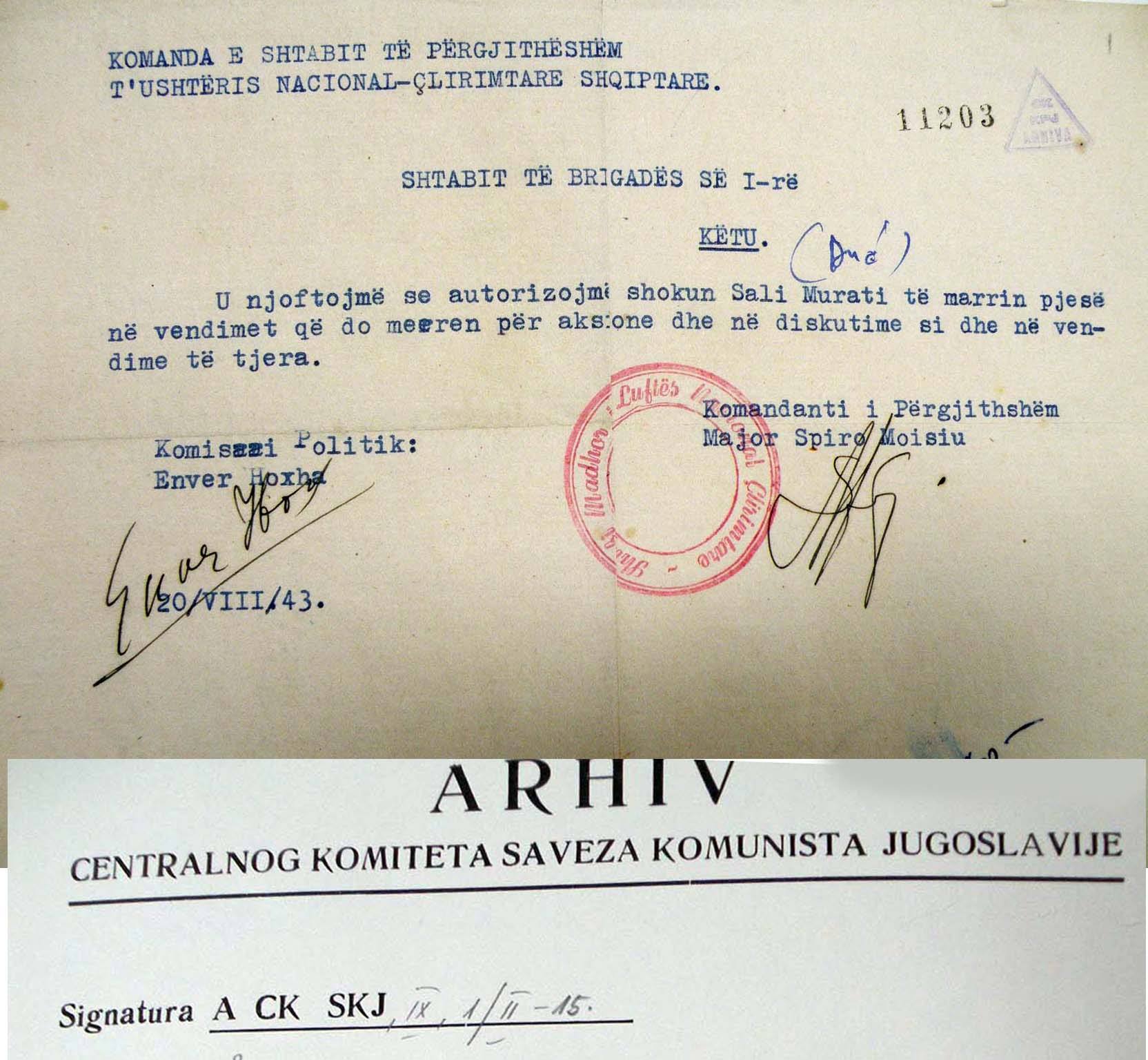 FOTO DOKUMENT/ Enver Hoxha dhe Spiro Moisiu vendosnin: Dushan Mugosha vendimmarrës i Brigadës së Parë