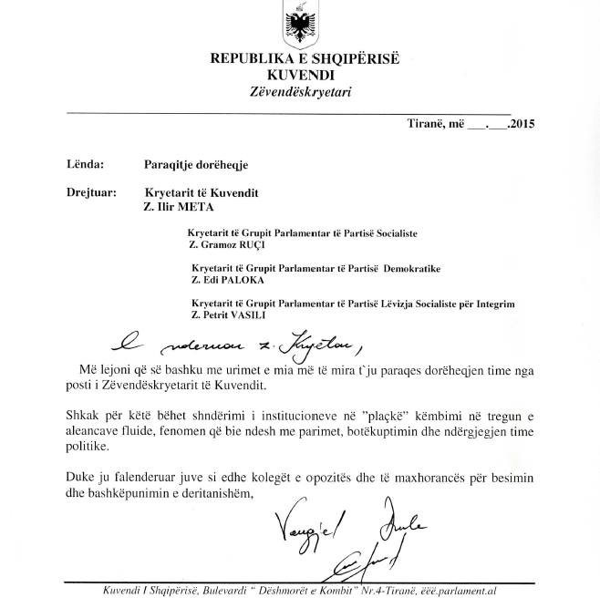 Vangjel Dule jep dorëheqje nga nënkryetar i Parlamentit