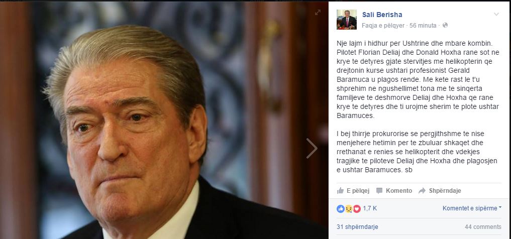 Berisha: Prokurori e Përgjithshme të hetojë rënien e helikopterit dhe vdekjen e dy dëshmorëve