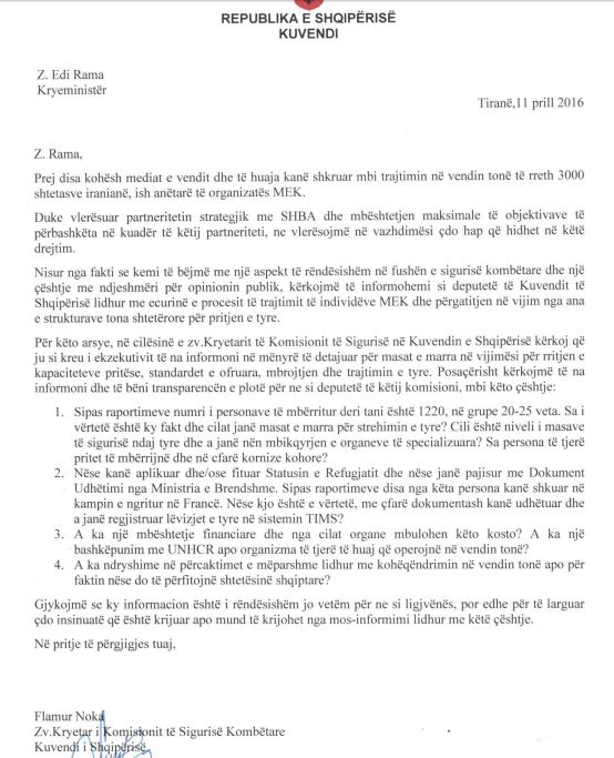 Shqetësim në PD/ Flamur Noka, letër Ramës për muxhahedinët e Iranit