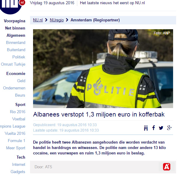 Arrestohet çifti shqiptar në Holandë, u sekustrohen 13 kg kokainë dhe 1.3 milionë euro