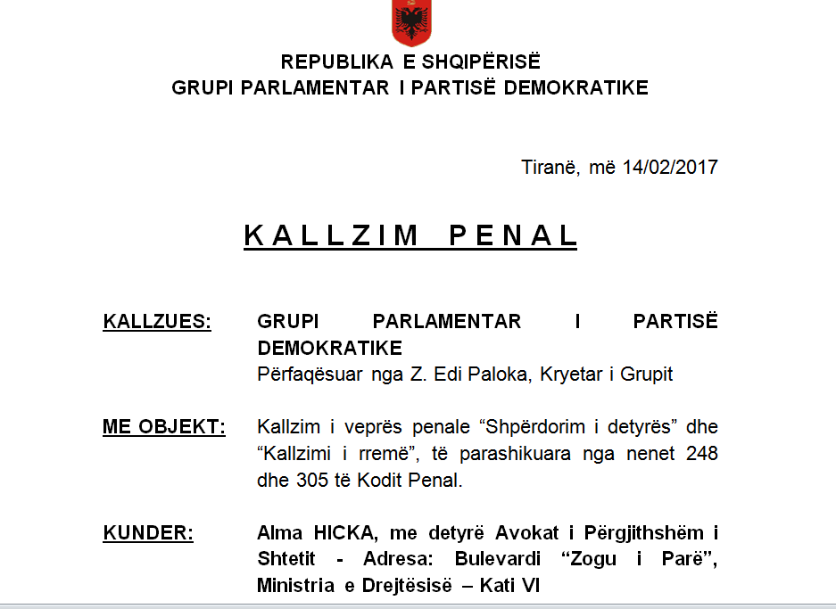 PD dorëzon kallëzimin penal ndaj avokates së shtetit, Alma Hiçka