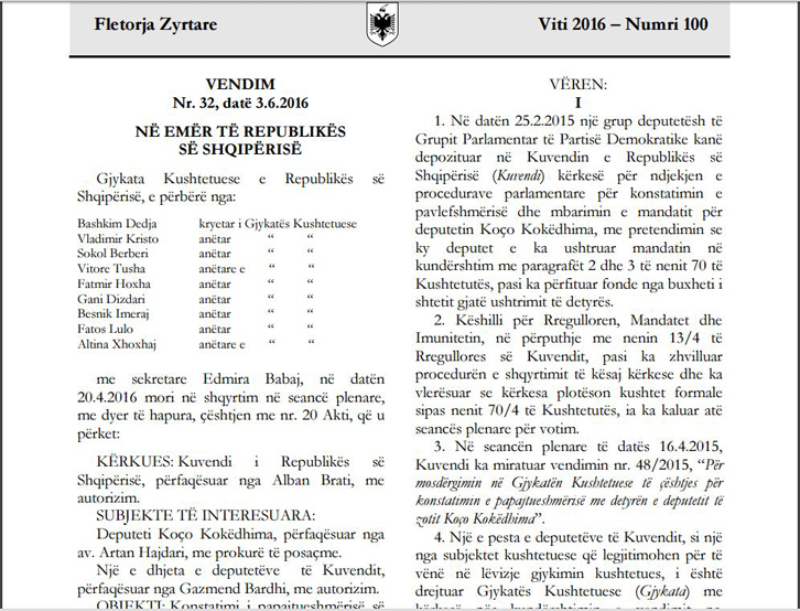 Hyn në fuqi vendimi Gjykatës Kushtetuese, Koço Kokëdhima nuk është më deputet