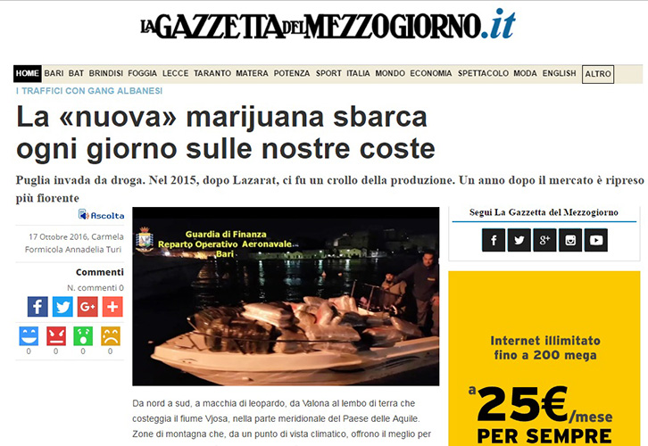 REPORTAZH/ “La Gazzetta del Mezzogiorno”: Marijuana “e re” shqiptare zbarkon çdo ditë në bregun italian