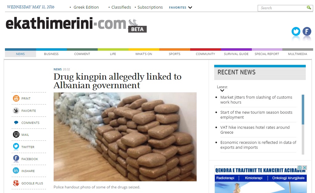“Ekathimerini”: Trafiku i drogës i ka lidhjet në qeverinë shqiptare