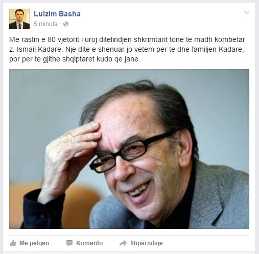 Lulzim Basha i uron e 80-vjetorin Ismail Kadaresë