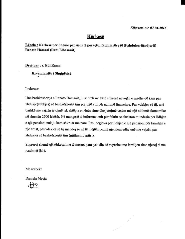 Gruaja e Renit të Elbasanit, letër Ramës: Më trajto dhe mua me pension të vecantë