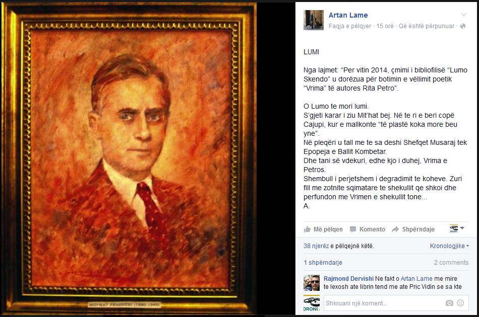 Edhe Artan Lame e ka një opinion për Lumo Skëndon dhe “Vrimën” e Rita Petros