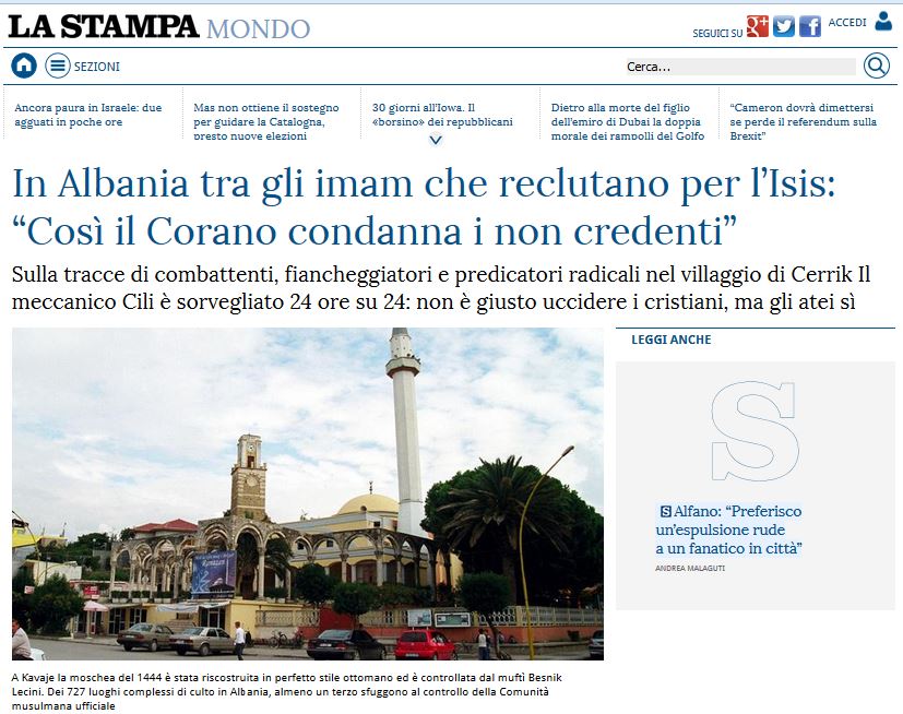 “La stampa” në Cërrik “me imamët që rekrutojnë për ISIS”