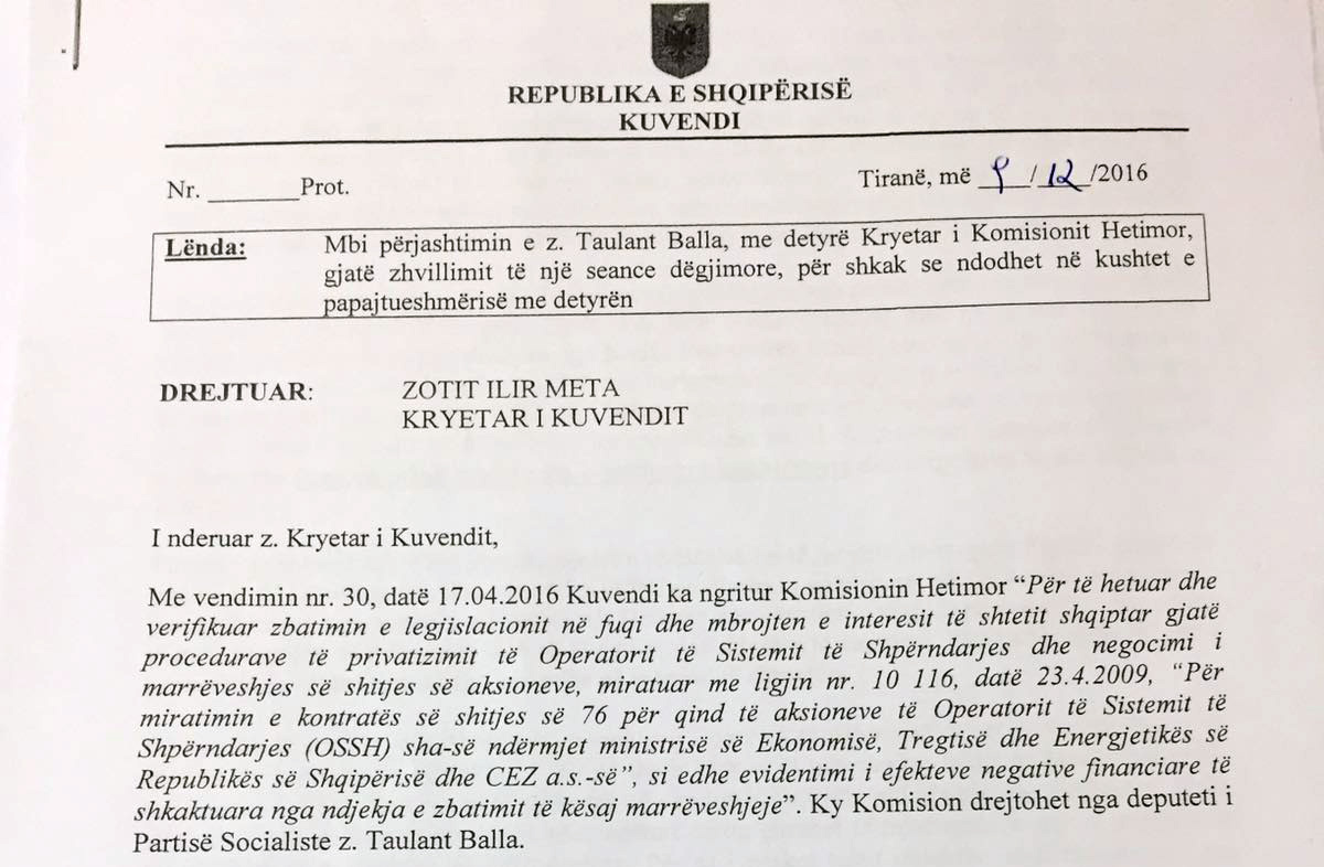 LETRA/ Arben Ristani i kërkon Ilir Metës përjashtimin e Taulant Ballës nga drejtimi i Komisionit Hetimor