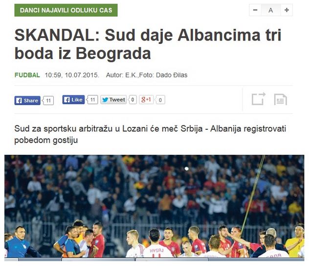Mediat serbe: Skandal, Gjykata i jep tre pikë Shqipërisë në Beograd