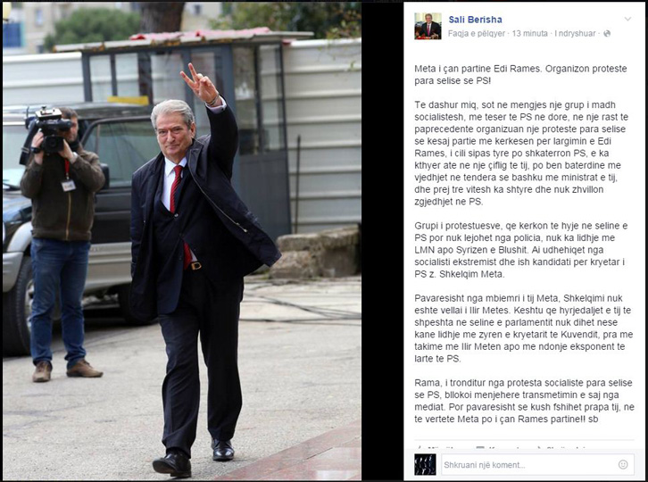 SALI BERISHA/ Meta i çan partinë Edi Ramës, organizon protestë para selisë së PS