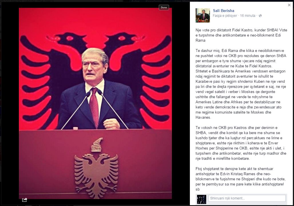 SALI BERISHA/ Vota pro diktatorit Fidel Kastro kundër SHBA, votë e turpshme e neobllokmenit Edi Rama