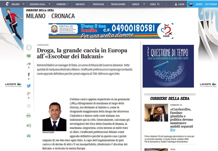 Corriere della Sera: “’Eskobari i Ballkanit’ i kërkuar në gjysmën e Europës, njeri i besuar i qeverisë shqiptare”