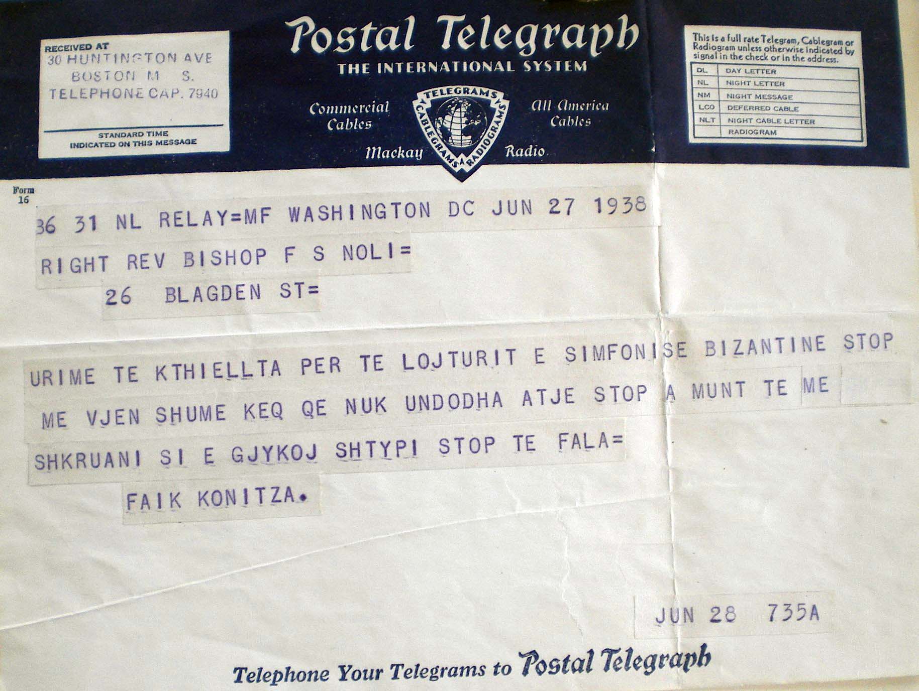 TELEGRAMI/ Viti 1938, Ministri i Zogut Faik Konica uronte Peshkopin Fan Noli