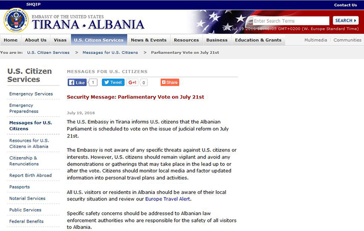 MESAZHI/ Ambasada amerikane paralajmëron shtetasit e saj: Kujdes më 21 korrik!