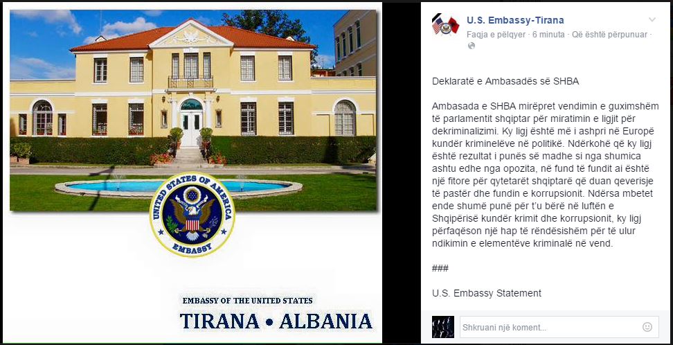 Ambasada e SHBA përshëndet “Dekrimializimin”: Hap i rëndësishëm për të ulur ndikimin e kriminelëve