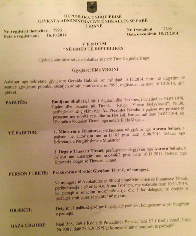 VENDIMI, 2014/Qeveria Rama kompensoi Shullazin për ditët e burgut