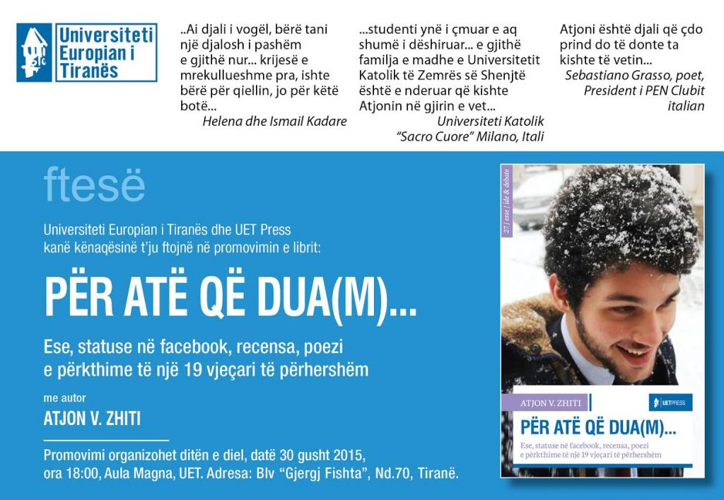 Publikohet libri i Atjon Zhitit “Për atë që dua(m)”