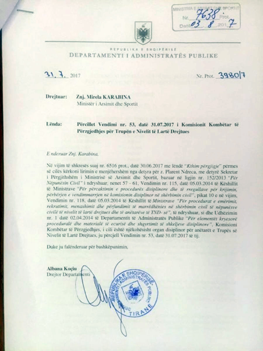 DOKUMENTI/ DAP dorëzohet përpara Mirela Karabinës – Sekretari i Përgjithshëm Plarent Ndreca nën hetim disiplinor