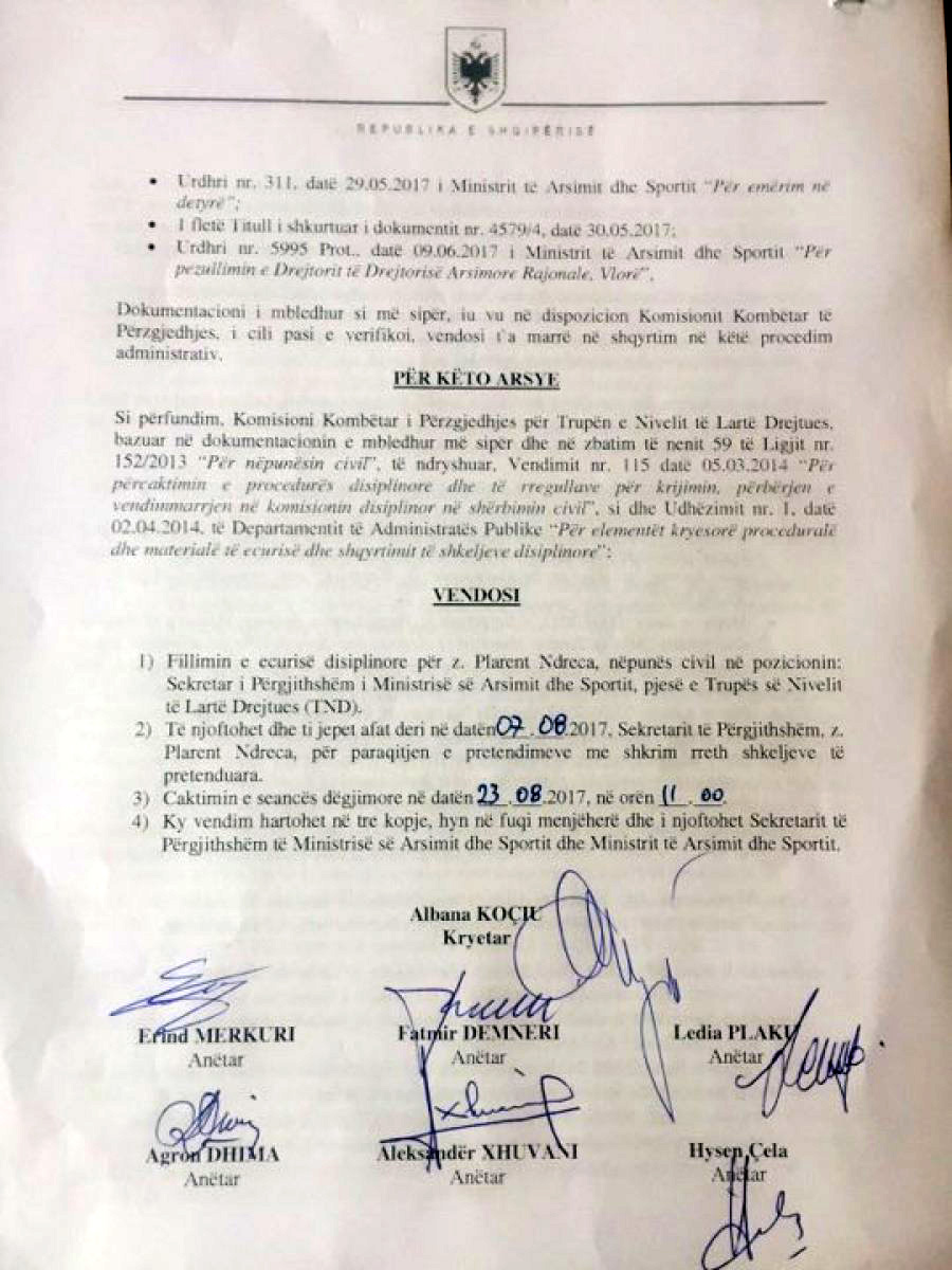 DOKUMENTI/ DAP dorëzohet përpara Mirela Karabinës – Sekretari i Përgjithshëm Plarent Ndreca nën hetim disiplinor