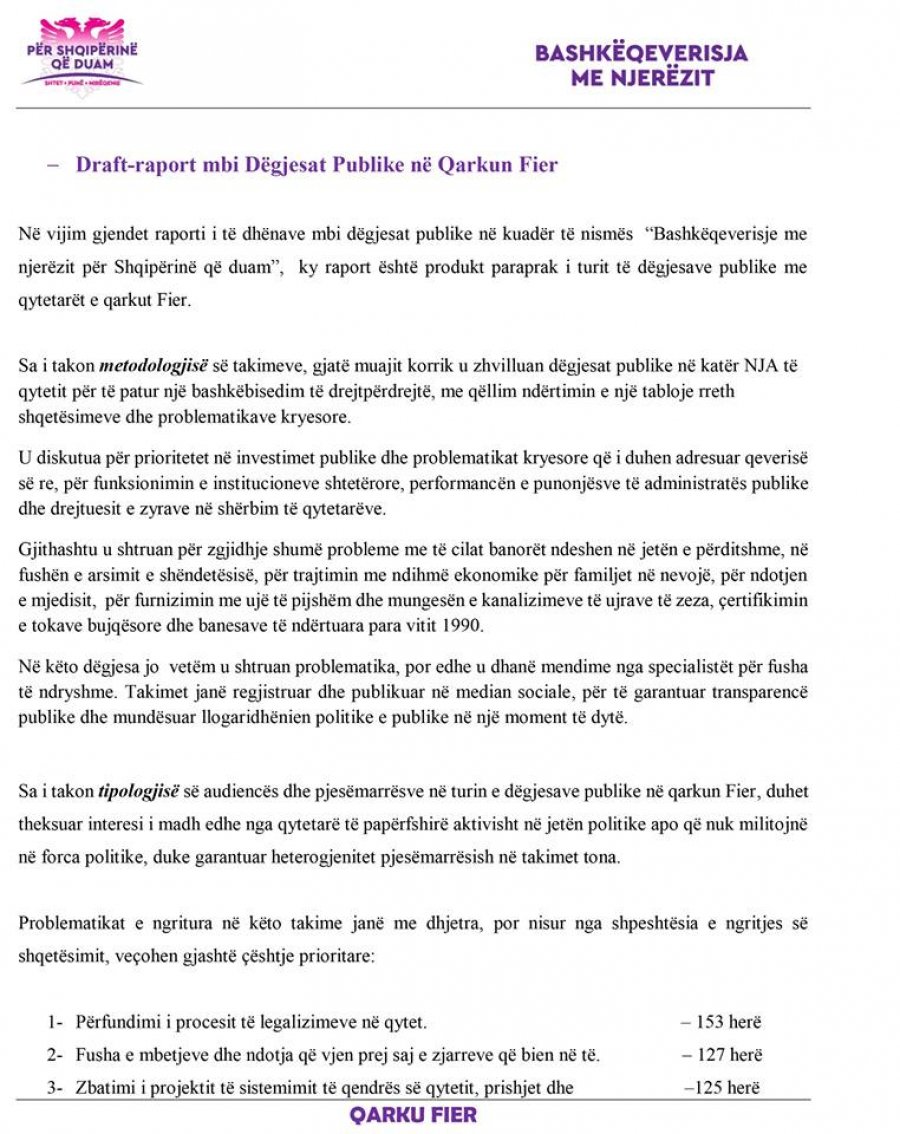 FOTO/ Rama publikon raportin e radhës, ja çfarë i shqetëson qytetarët e Fierit