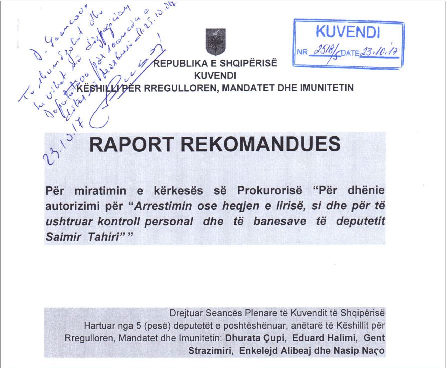 RAPORTI i PD/ Kuvend, Enkelejd Alibeaj lexon konkluzionet: Ja pse duhet arrestuar Saimir Tahiri
