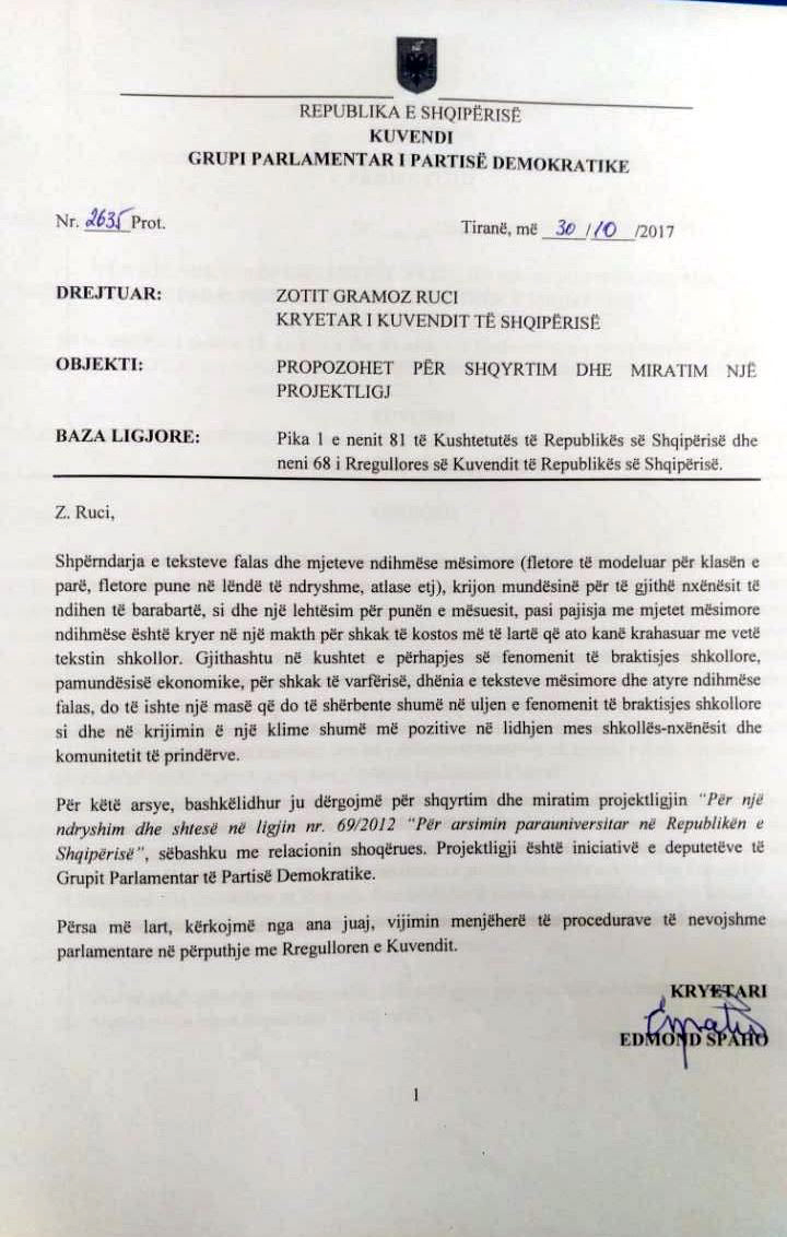 PROJEKTLIGJI/ PD depoziton në Kuvend amendamentin për tekstet falas për nxënësit nga klasa I – IX