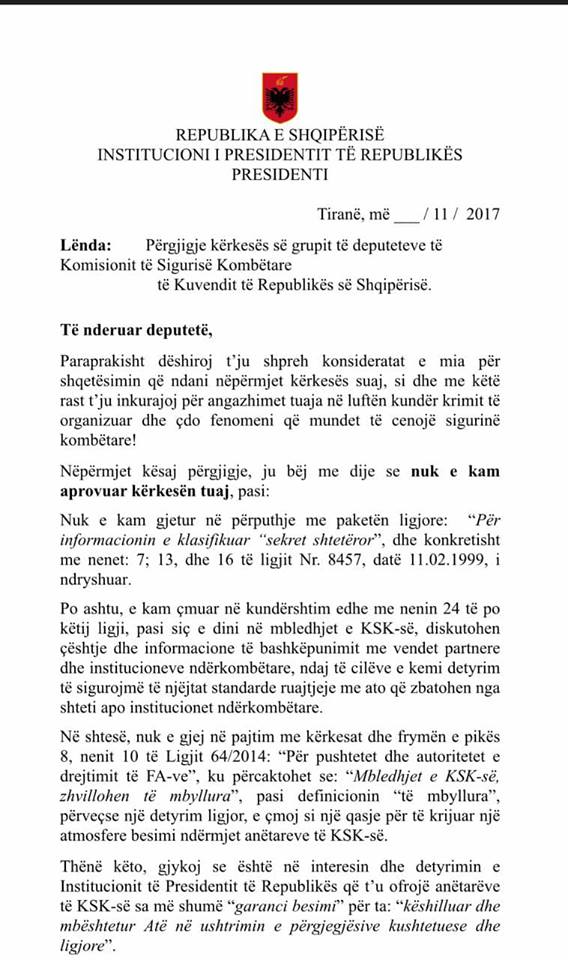Kërkesa e PD-LSI për deklasifikimin e të dhënave, ja përgjigjia e Presidentit Meta