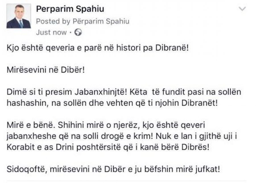 Qeveria në Dibër, Spahiu: As uji i Drinit s’mjafton për të larë poshtërsitë që i bënë këtij qarku