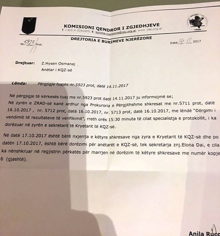FOTO/ Ja shkresa që rrëzon kërkesën e PS për shkarkimin e kreut të KQZ, Klement Zguri
