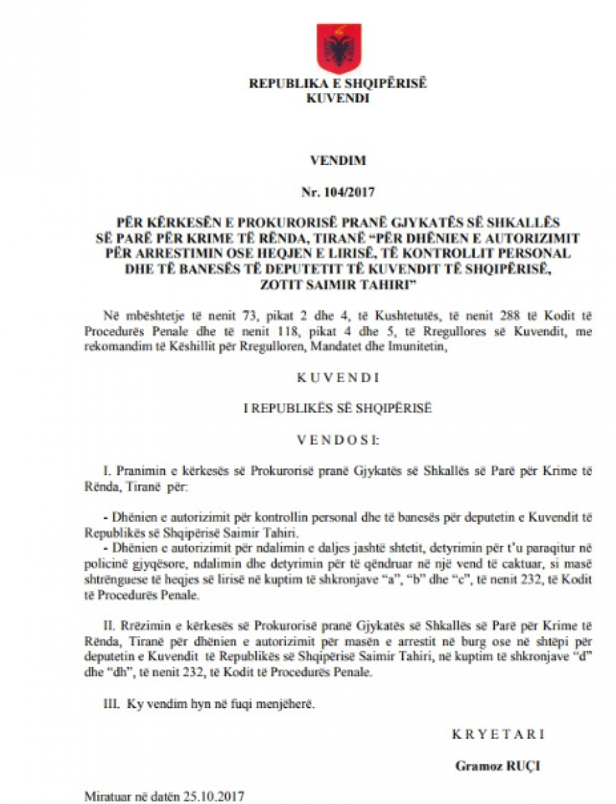 Saimir Tahiri ndryshon datën e kthimit nga Gjermania, ja vendimi i Kuvendit për të