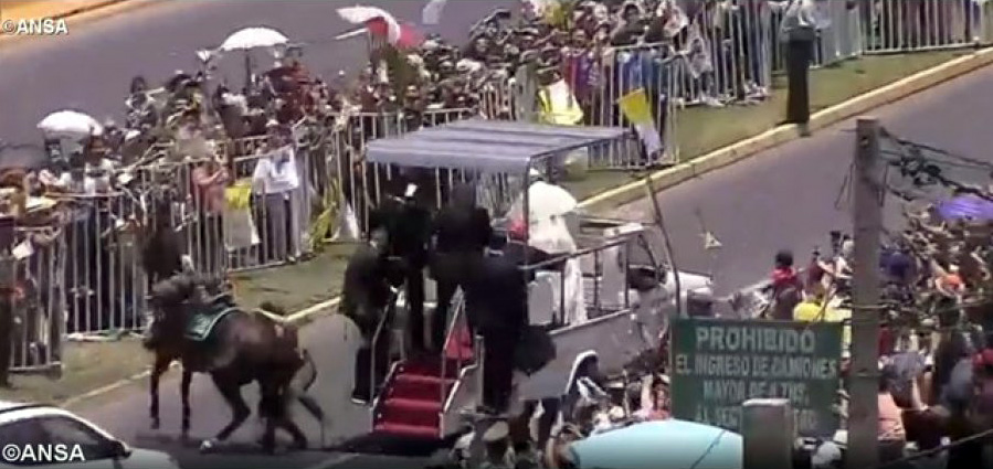 VIDEO/ Papa ndalon kortezhin për një karabiniere kiliane që ra nga kali