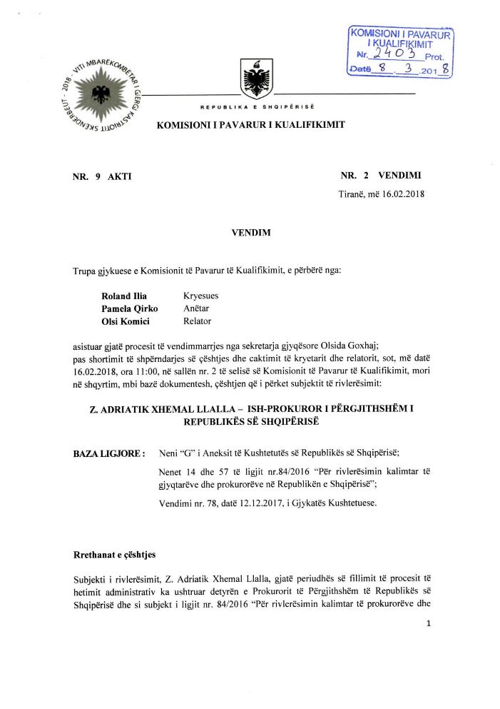 EMRI & FOTO/ Zyrtarizohet vendimi, ndërpritet Vetting-u për ish-kryeprokurorin Adriatik Llalla