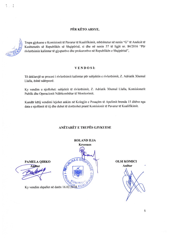 EMRI & FOTO/ Zyrtarizohet vendimi, ndërpritet Vetting-u për ish-kryeprokurorin Adriatik Llalla