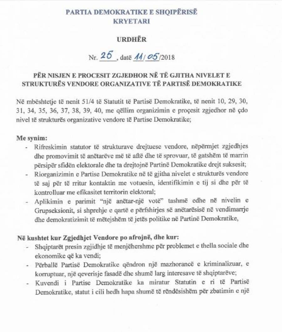 UDHËZIMI/ Lulzim Basha firmos: Zgjedhjet e brendshme në PD, procesi mbyllet për 45 ditë