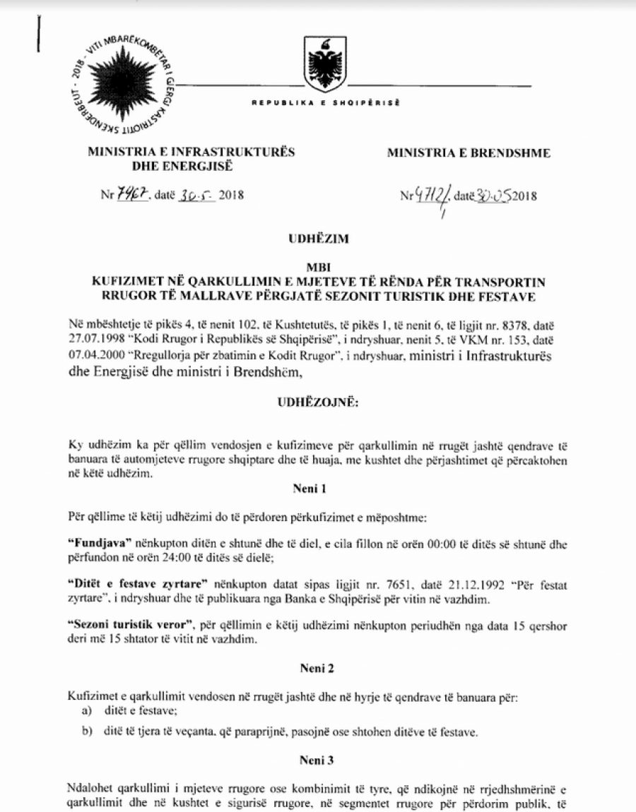 DOKUMENTI/ Publikohen oraret e kufizimit të mjeteve të rënda gjatë sezonit turistik