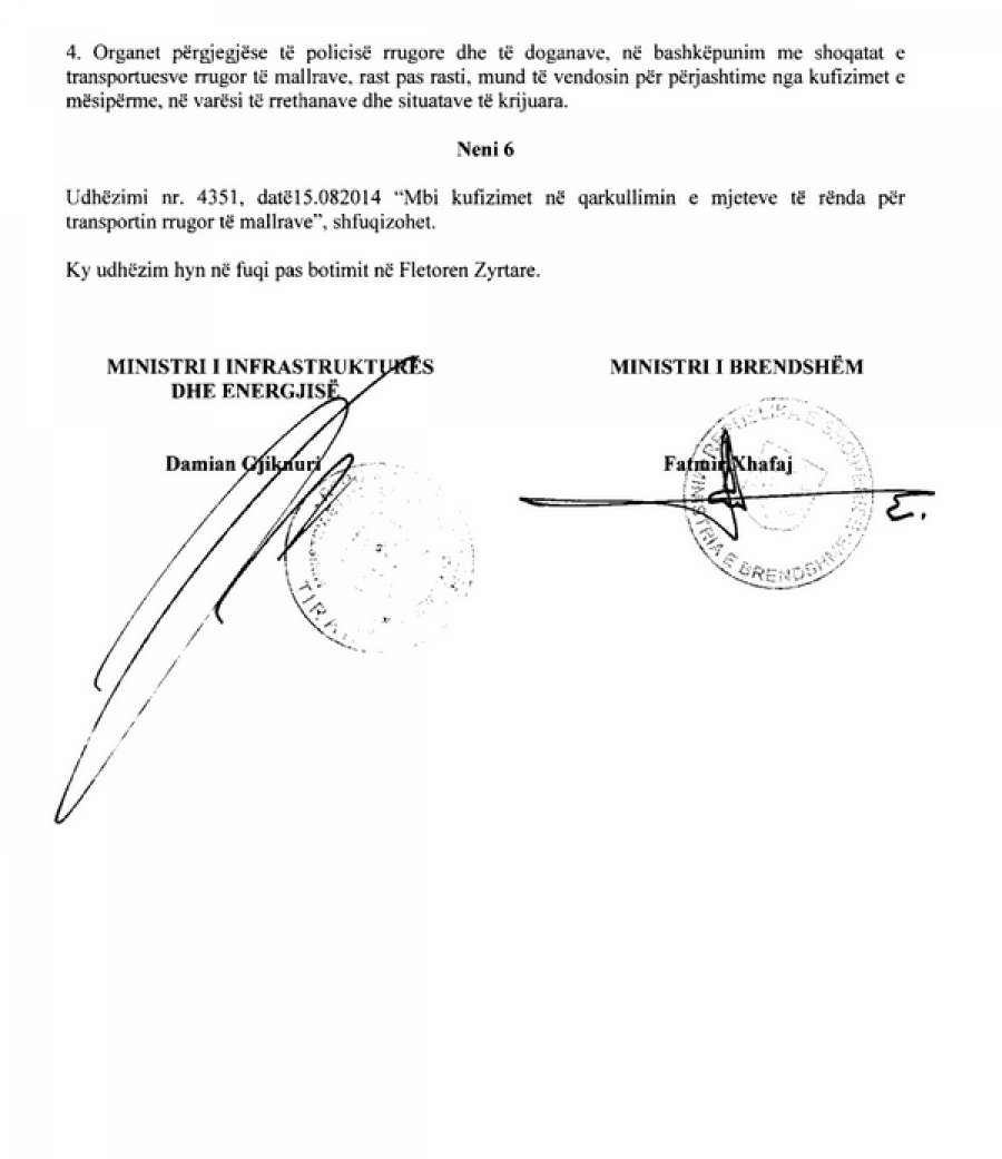 DOKUMENTI/ Publikohen oraret e kufizimit të mjeteve të rënda gjatë sezonit turistik