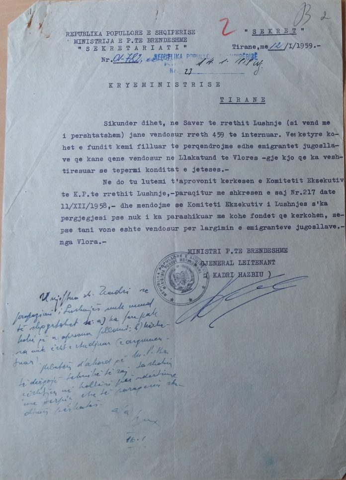 Viti 1958/Dokumenti zyrtar që dëshmon ngritjen e kampeve të internimit në Lushnje(DETAJE)