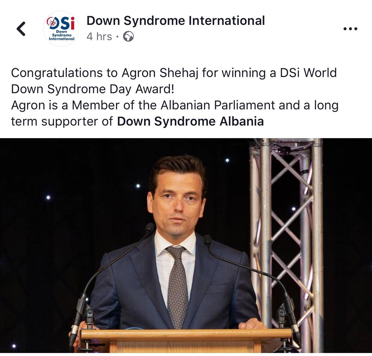 Organizata Botërore e Sindromës Down i jep çmimin e vitit deputetit Shehaj