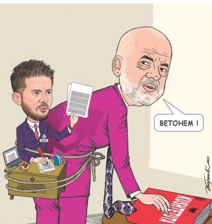 Berisha me ironi: Karikatura e vitit, Rama i lidhur me litar pas Cakës