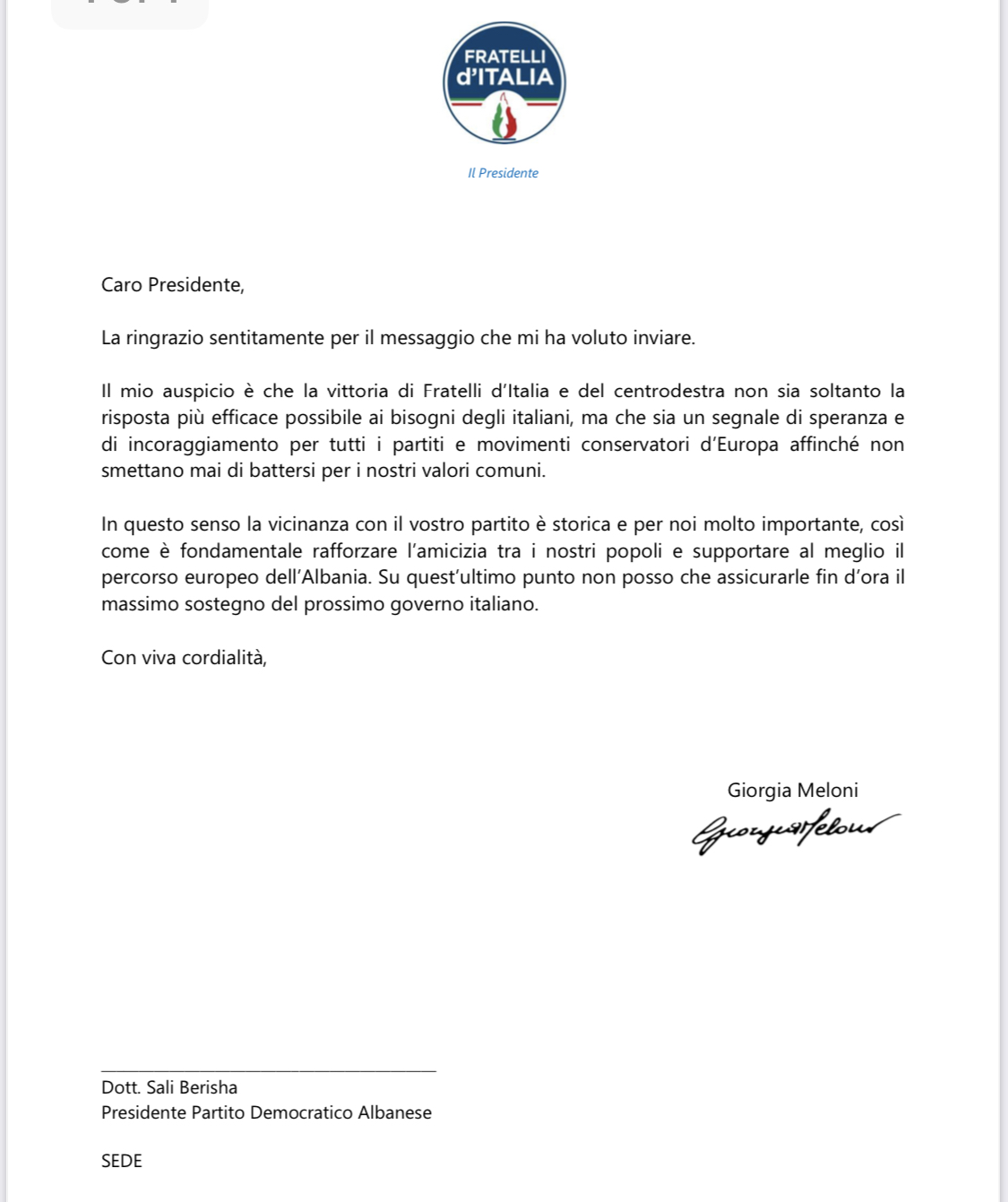 Kryeministrja e sapo zgjedhur e Italisë Giorgia Meloni, falenderon Kryetarin e PD Sali Berisha