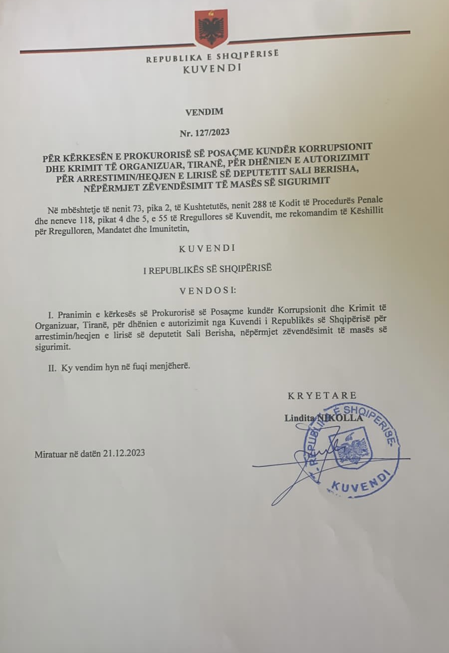 DOKUMENTAT/ Nikolla nis urgjent në SPAK vendimin e Parlametit për imunitetin e Berishës