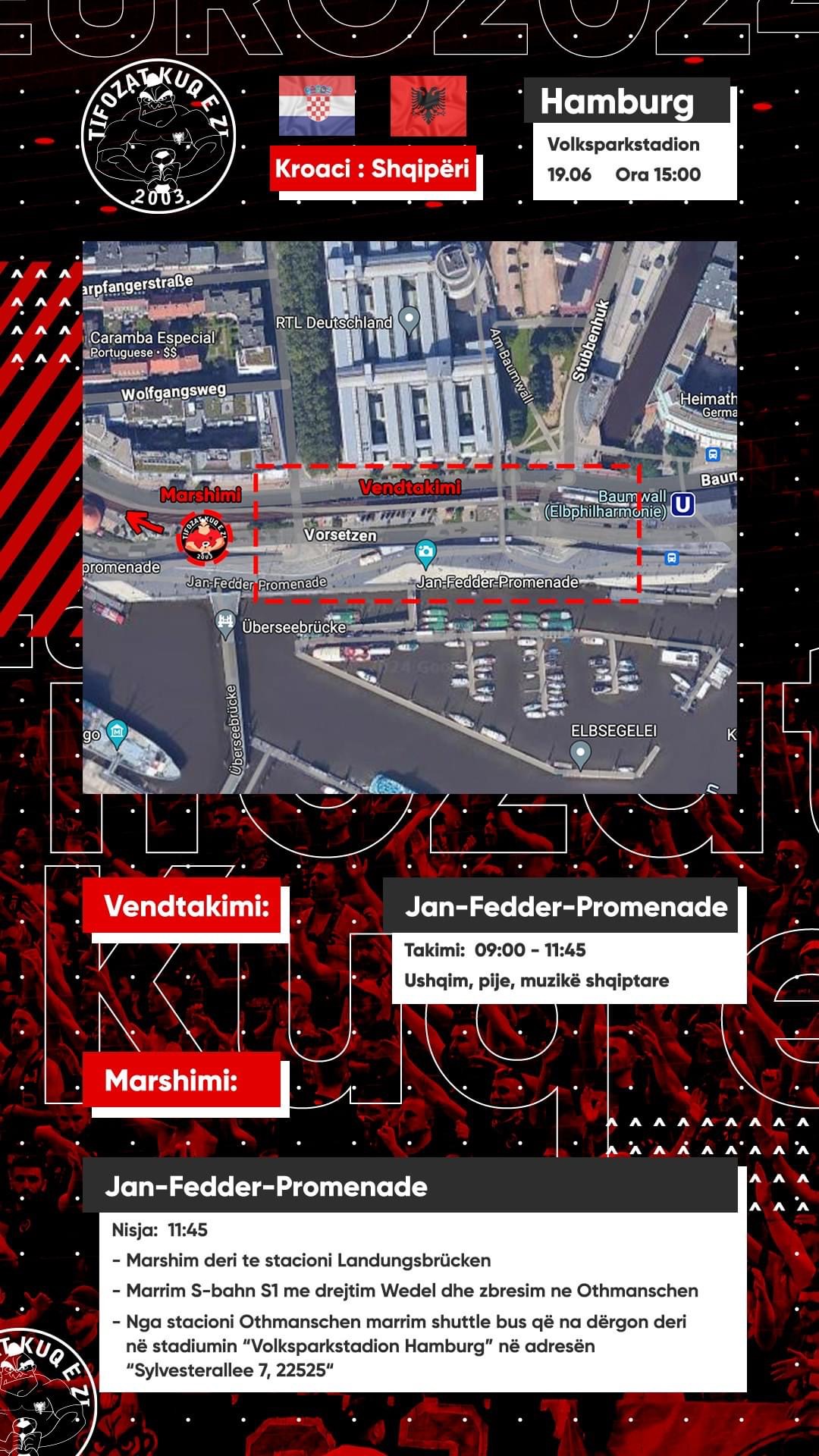 Tifozat Kuq e Zi, itenerari i marshimit në Hamburg të mërkurën, si do të bëhet lëvizja